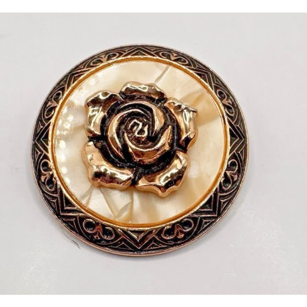 Vintage Rose Scarf Clip – Gold Tone Flower on Faux Mother of Pearl Round Brooch - Picture 2 of 6